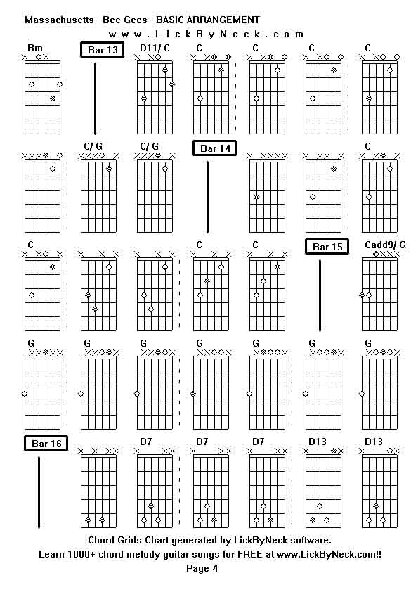 Chord Grids Chart of chord melody fingerstyle guitar song-Massachusetts - Bee Gees - BASIC ARRANGEMENT,generated by LickByNeck software.